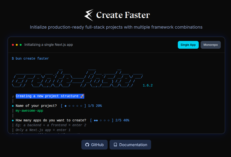 Interface CLI de create-faster pour initialiser des projets